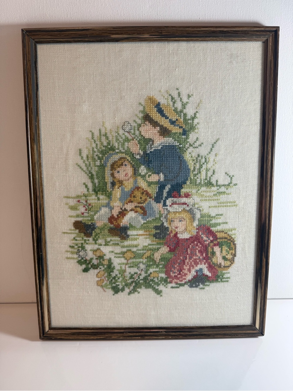 Completed Custom Framed Cross Stitch Hummel Type Children Playing Dutch